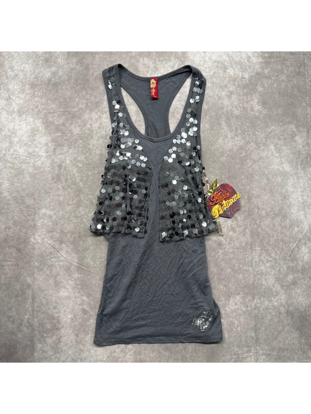 NWT Vintage Apple Bottoms Women's Sequin Vest Tank Top Grey Metallic Y2K Medium